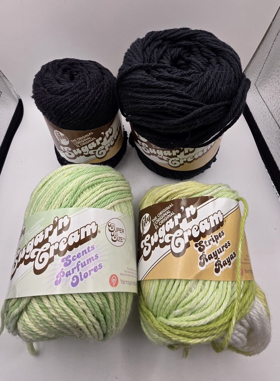 Lily Sugar 'n Cream Aloe Vera Cotton Yarn Lot Of 4 Green And Black